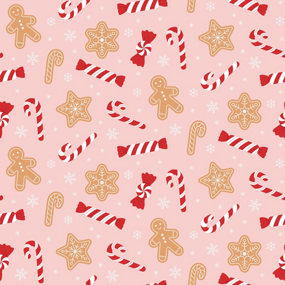 Pattern of gingerbread men, candy canes, red and white candies, and snowflakes on a pink background.