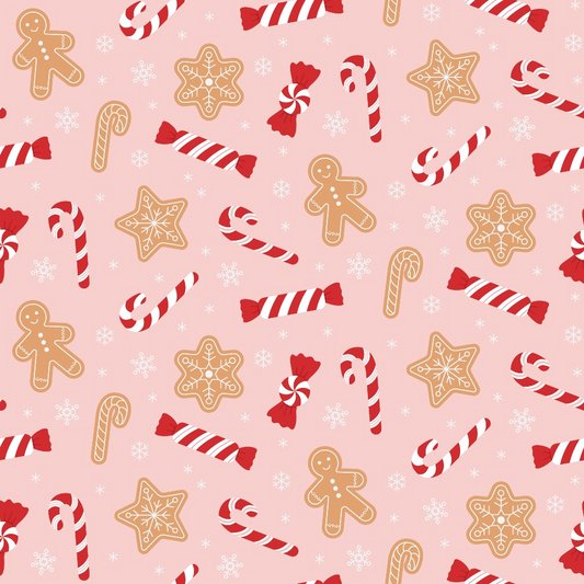 Pattern of gingerbread men, candy canes, red and white candies, and snowflakes on a pink background.