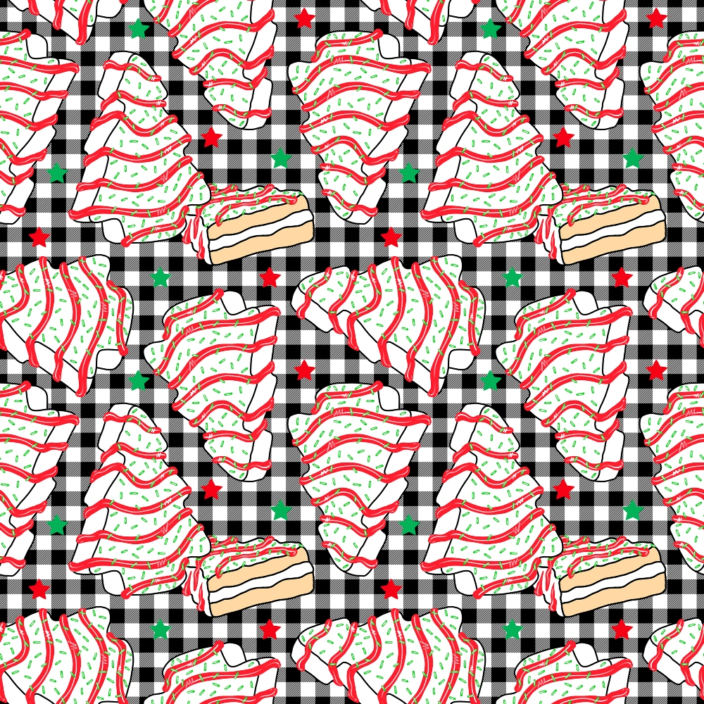 Illustration of ice cream and layered pastries on black and white checkered background, accented with red and green stars.