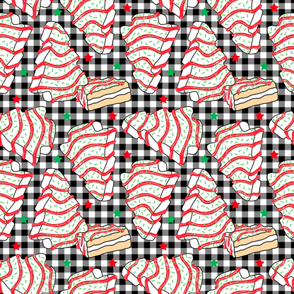 Illustration of ice cream and layered pastries on black and white checkered background, accented with red and green stars.