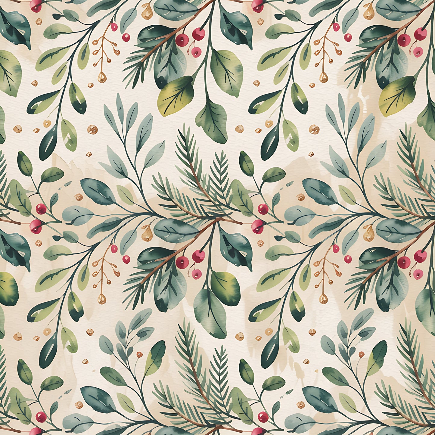Christmas Botanical Watercolor Pattern 9 Quilting Cotton Fabric