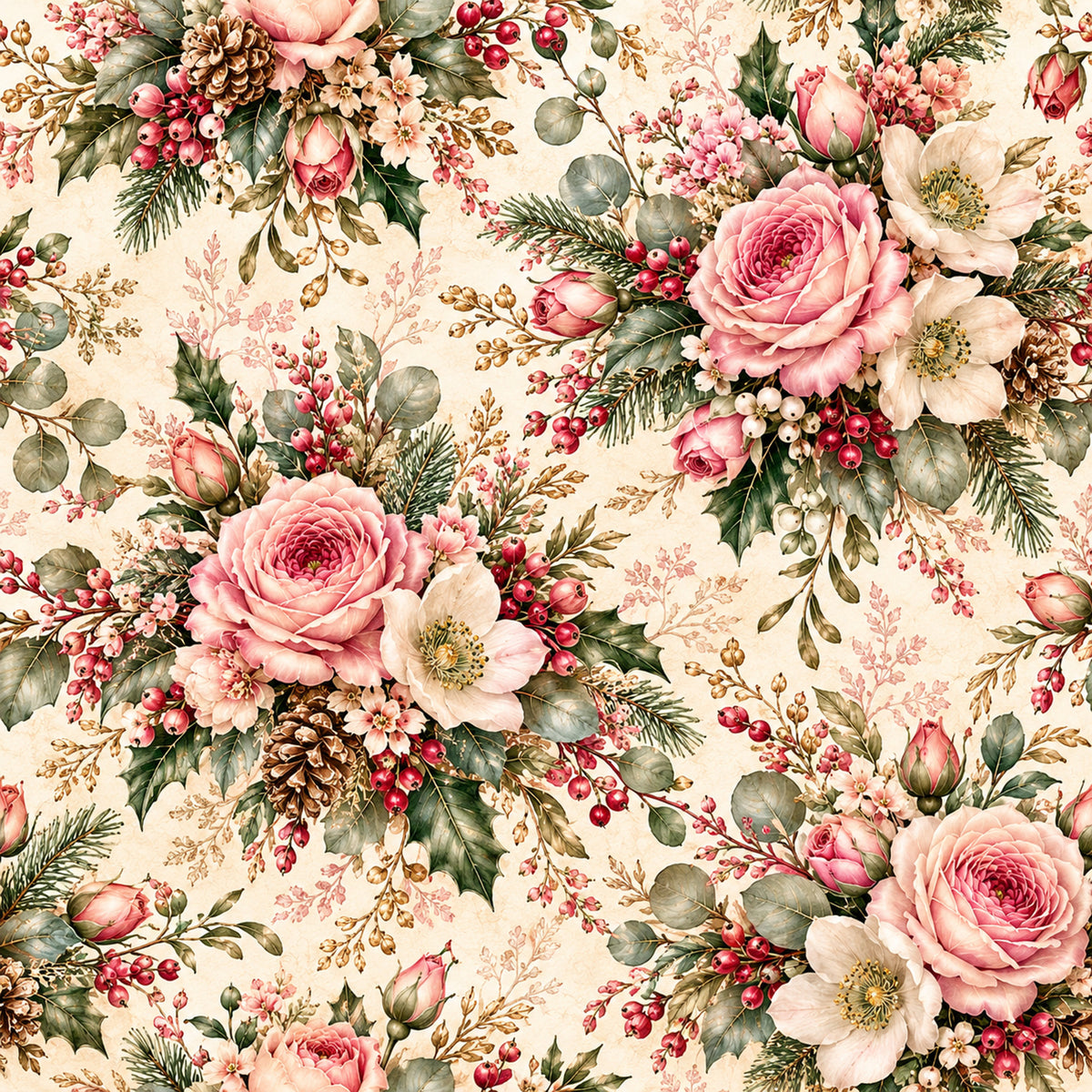 Christmas Rose Cottage Pattern 2 Quilting Cotton Fabric