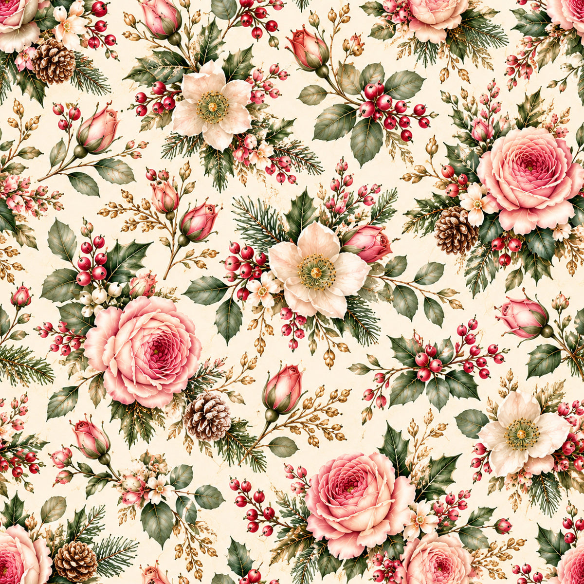 Christmas Rose Cottage Pattern 3 Quilting Cotton Fabric