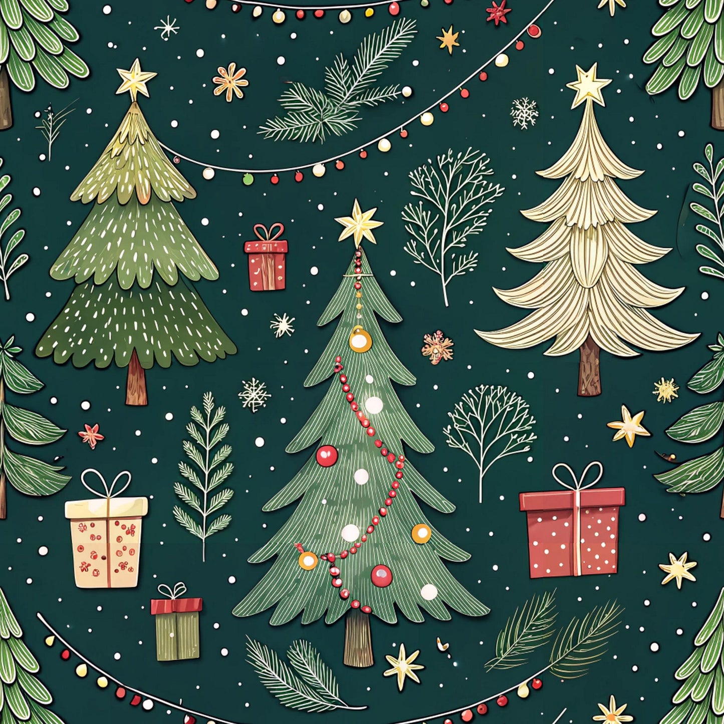 forest green, cream, red, gold, christmas trees, gift boxes, ornament balls, string lights, pine branches, snowflakes, stars, festive pattern, holiday design, winter theme, quilting cotton, fabric panel, whimsical illustration, decorated trees, christmas ornaments, seasonal motif
