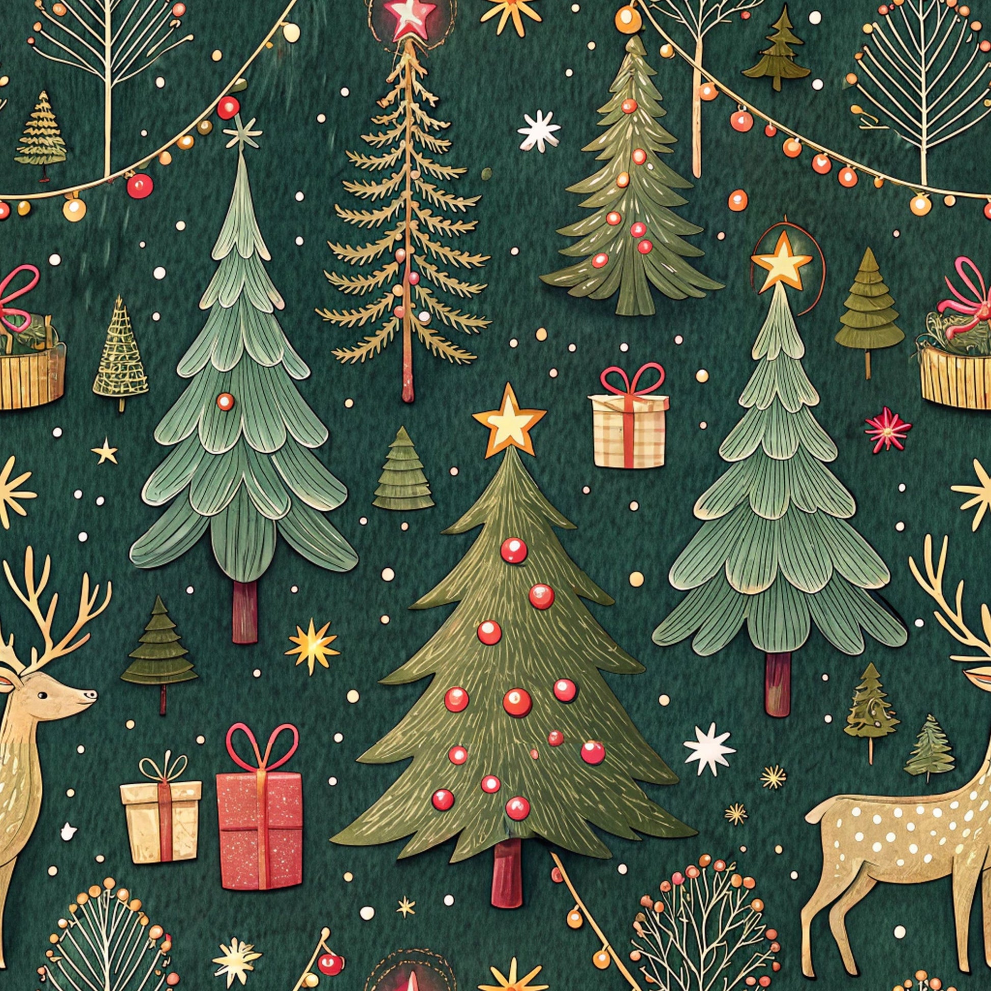 forest green, christmas trees, reindeer, gift boxes, string lights, ornaments, stars, snowflakes, red ornaments, gold accents, winter pattern, holiday fabric, quilting cotton, fabric panel, festive design, woodland christmas, decorated trees, present boxes, holiday lights, seasonal motifs