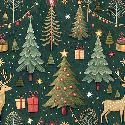 forest green, christmas trees, reindeer, gift boxes, string lights, ornaments, stars, snowflakes, red ornaments, gold accents, winter pattern, holiday fabric, quilting cotton, fabric panel, festive design, woodland christmas, decorated trees, present boxes, holiday lights, seasonal motifs