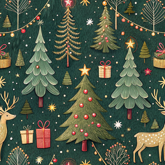 forest green, christmas trees, reindeer, gift boxes, string lights, ornaments, stars, snowflakes, red ornaments, gold accents, winter pattern, holiday fabric, quilting cotton, fabric panel, festive design, woodland christmas, decorated trees, present boxes, holiday lights, seasonal motifs