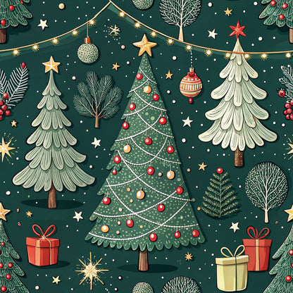 forest green, deep green, red ornaments, gold accents, cream white, christmas trees, decorated trees, gift boxes, string lights, ornament baubles, evergreen branches, star toppers, winter branches, festive pattern, holiday theme, quilting cotton, fabric panel, whimsical illustration, seasonal motif, winter wonderland
