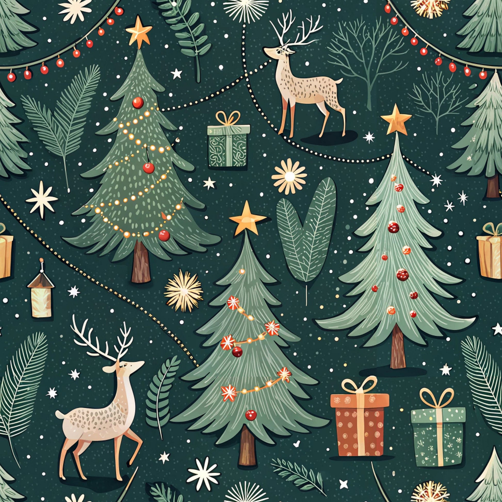 forest green, deep teal, cream, coral red, golden yellow, christmas trees, reindeer, gift boxes, string lights, snowflakes, pine branches, stars, ornaments, whimsical illustration, festive pattern, holiday motifs, quilting cotton, fabric panel, winter theme, seamless repeat, botanical elements, decorative garland