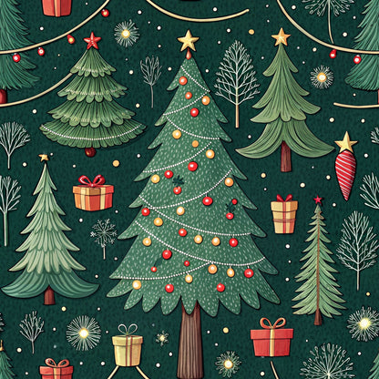 christmas trees, forest green, red ornaments, gold stars, gift boxes, string lights, winter branches, snowflakes, quilting cotton, fabric panel, holiday pattern, festive design, evergreen trees, christmas decorations, seasonal motif, dark green background, red ribbons, golden accents, winter wonderland, christmas ornaments