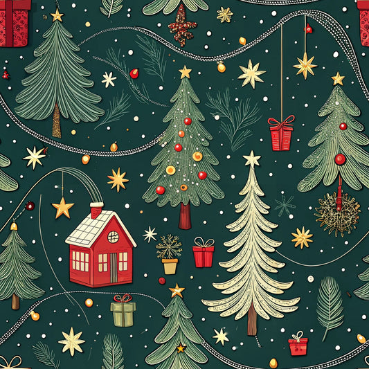 christmas trees, forest green, deep green, red ornaments, gold stars, white snowflakes, festive pattern, holiday motifs, winter scene, red house, gift boxes, pine branches, decorative garland, quilting cotton, fabric panel, whimsical illustration, seasonal design, christmas decorations, ornament balls, holiday lights
