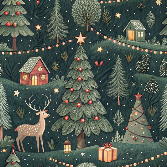dark green, forest green, christmas trees, reindeer, string lights, cozy houses, winter scene, snowflakes, gift boxes, pine cones, stars, lanterns, whimsical illustration, holiday pattern, quilting cotton, fabric panel, festive design, woodland creatures, christmas ornaments, winter wonderland