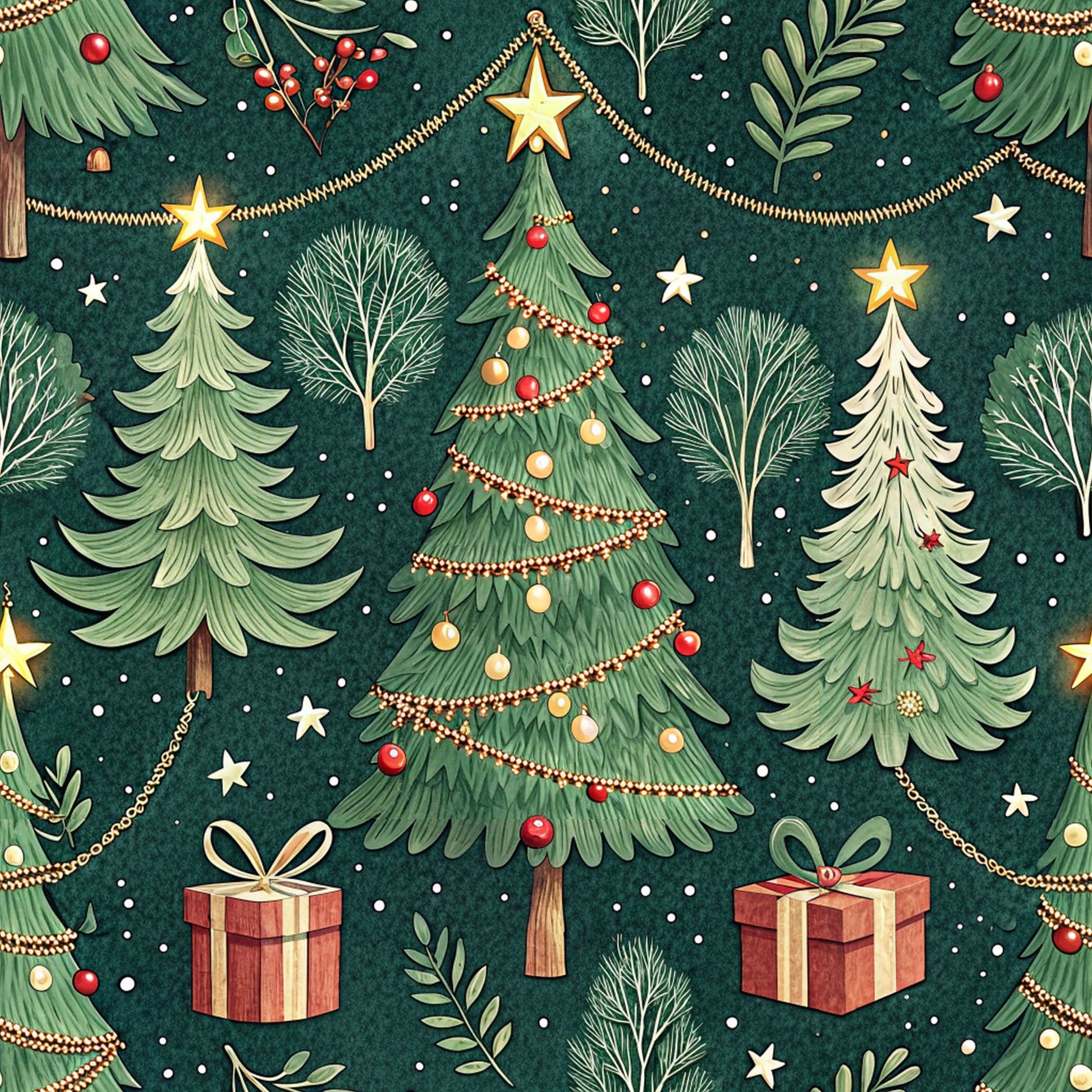 christmas trees, forest green, red ornaments, gold stars, gift boxes, pine branches, festive garland, holiday lights, winter pattern, quilting cotton, fabric panel, seamless repeat, decorative baubles, cream ribbons, evergreen foliage, seasonal motif, christmas decorations, holiday crafting, cotton fabric, festive design