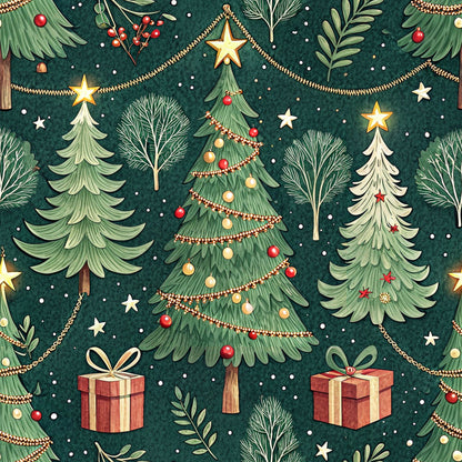 christmas trees, forest green, red ornaments, gold stars, gift boxes, pine branches, festive garland, holiday lights, winter pattern, quilting cotton, fabric panel, seamless repeat, decorative baubles, cream ribbons, evergreen foliage, seasonal motif, christmas decorations, holiday crafting, cotton fabric, festive design