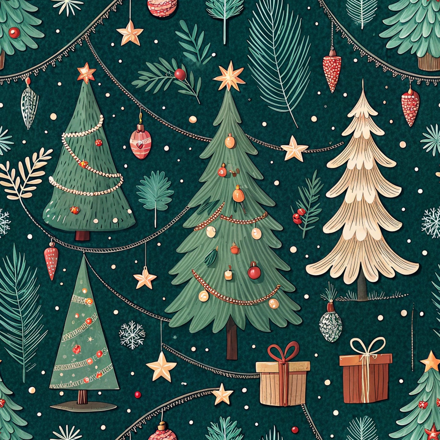 christmas trees, dark green background, forest green, coral red, cream, beige, holiday ornaments, gift boxes, garland, string lights, snowflakes, pine branches, festive pattern, winter theme, quilting cotton, fabric panel, decorative baubles, star toppers, presents, holiday motifs, seamless repeat, botanical elements