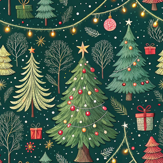 christmas trees, forest green, emerald green, golden yellow, coral red, white dots, string lights, ornaments, gift boxes, winter branches, snowflakes, stars, festive pattern, holiday theme, quilting cotton, fabric panel, whimsical illustration, seasonal design, decorative baubles, pine trees