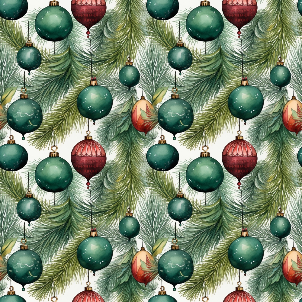 Green and red Christmas ornaments hang among pine branches on a white background.