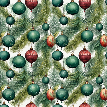 Green and red Christmas ornaments hang among pine branches on a white background.