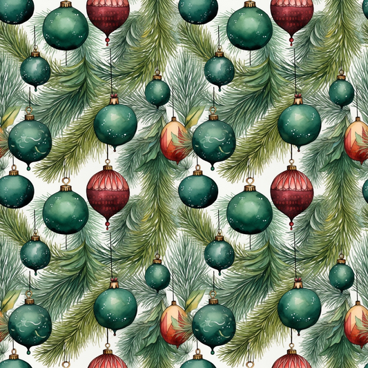 Green and red Christmas ornaments hang among pine branches on a white background.