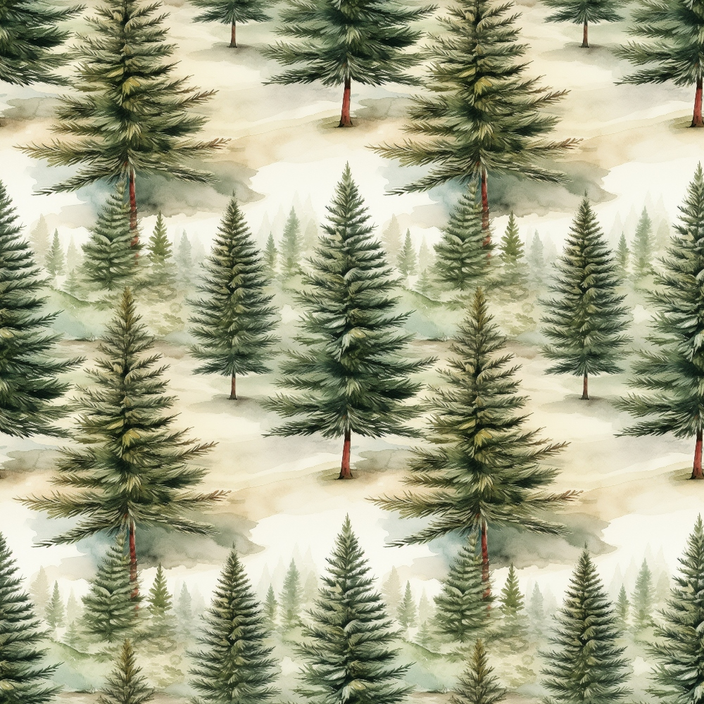 Seamless pattern of watercolor evergreen trees on a light background. The trees vary slightly in color and size, creating a natural, forest-like design.