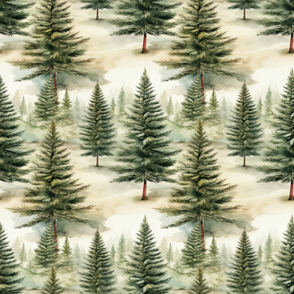 Seamless pattern of watercolor evergreen trees on a light background. The trees vary slightly in color and size, creating a natural, forest-like design.