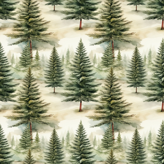 Seamless pattern of watercolor evergreen trees on a light background. The trees vary slightly in color and size, creating a natural, forest-like design.