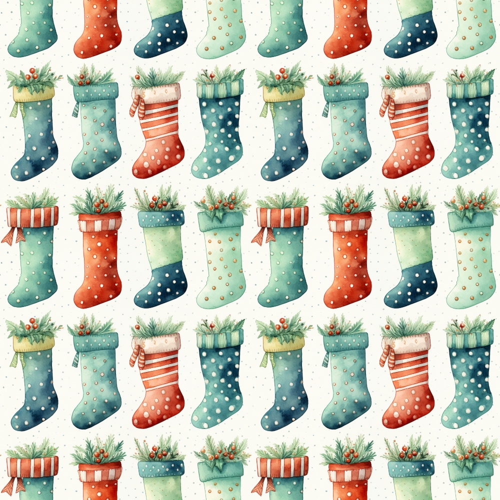 A pattern of watercolor Christmas stockings in red, green, and teal with polka dots and stripes, filled with greenery and berries, on a light dotted background.