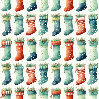 A pattern of watercolor Christmas stockings in red, green, and teal with polka dots and stripes, filled with greenery and berries, on a light dotted background.