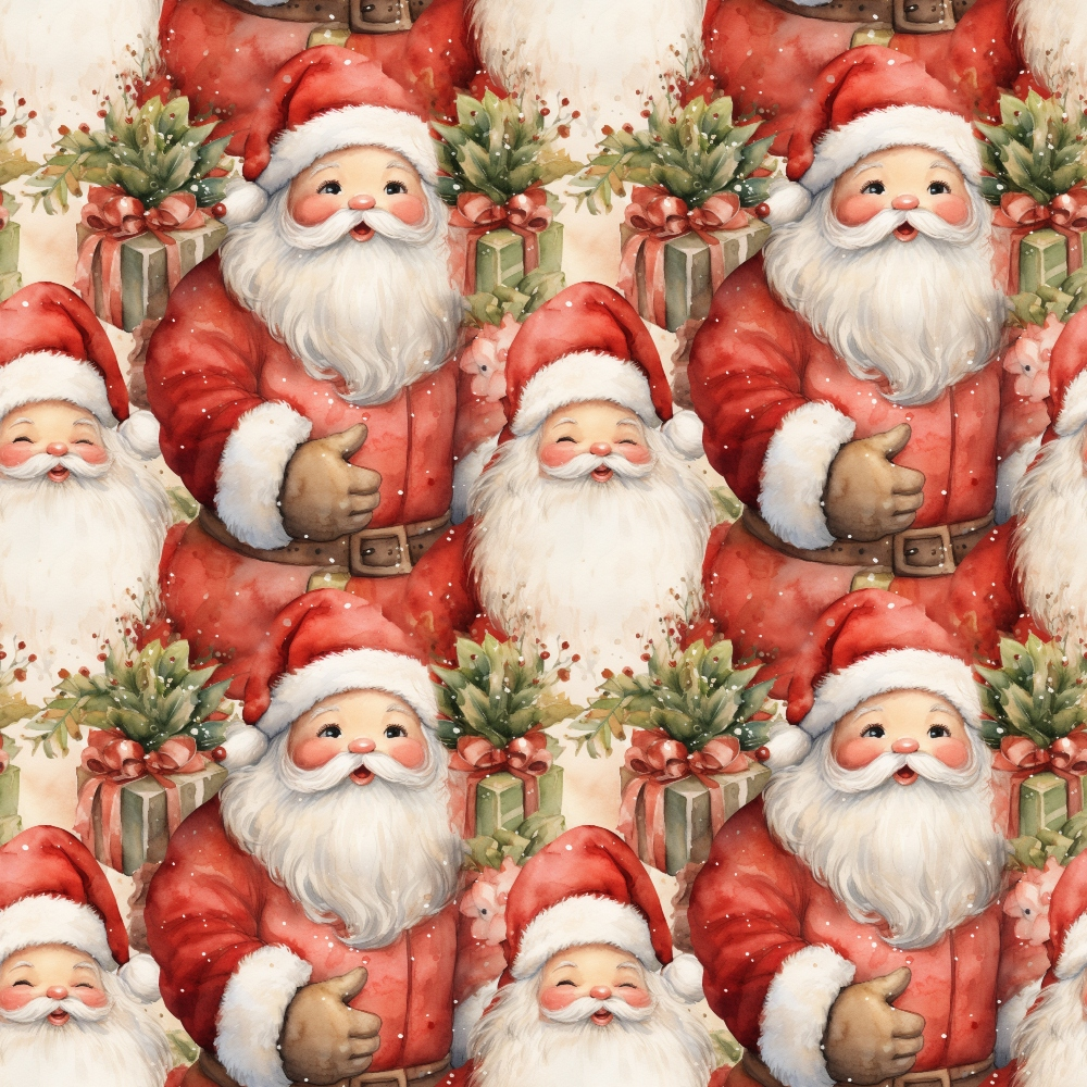 Pattern of Santa Claus figures in red suits with white beards, hats, and gifts, set against a festive background.