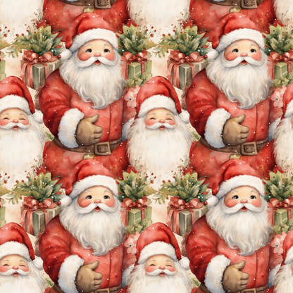 Pattern of Santa Claus figures in red suits with white beards, hats, and gifts, set against a festive background.