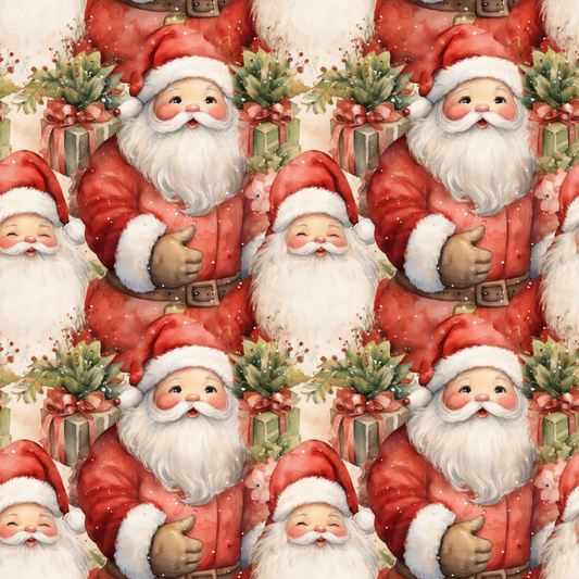 Pattern of Santa Claus figures in red suits with white beards, hats, and gifts, set against a festive background.