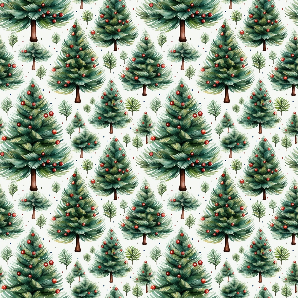 Pattern of illustrated evergreen trees with red berries on a light background.