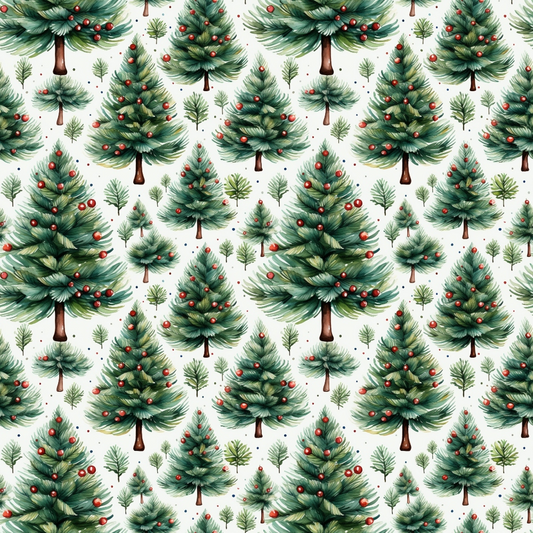 Pattern of illustrated evergreen trees with red berries on a light background.