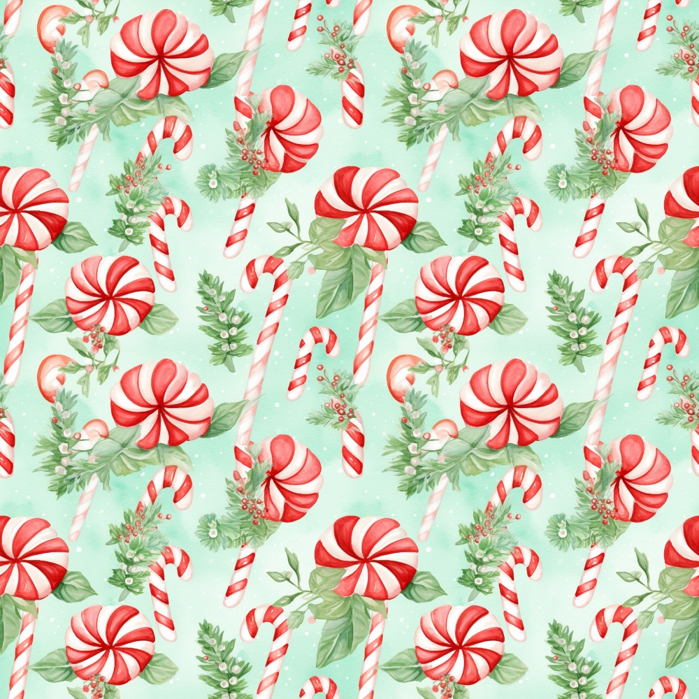 Pattern of red and white candy canes, peppermint swirls, and holly leaves on a light green background.