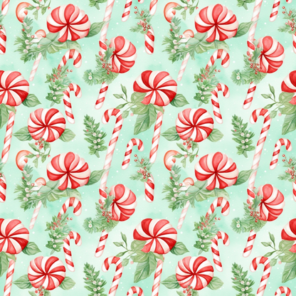 Pattern of red and white candy canes, peppermint swirls, and holly leaves on a light green background.