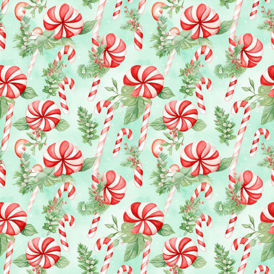 Pattern of red and white candy canes, peppermint swirls, and holly leaves on a light green background.