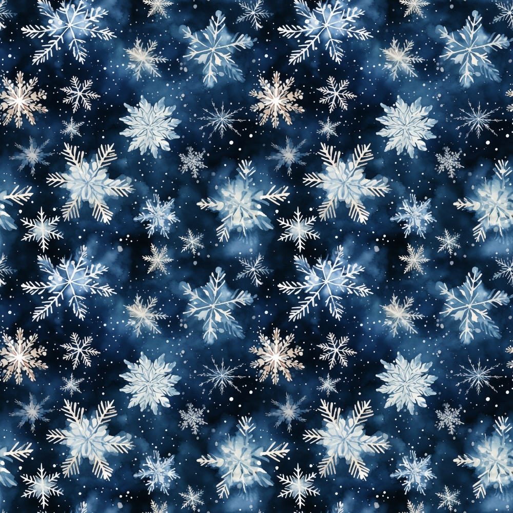 Pattern of white snowflakes on a dark blue background with small stars and speckles.