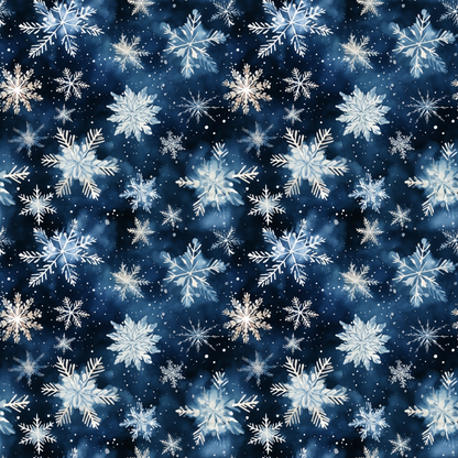 Pattern of white snowflakes on a dark blue background with small stars and speckles.