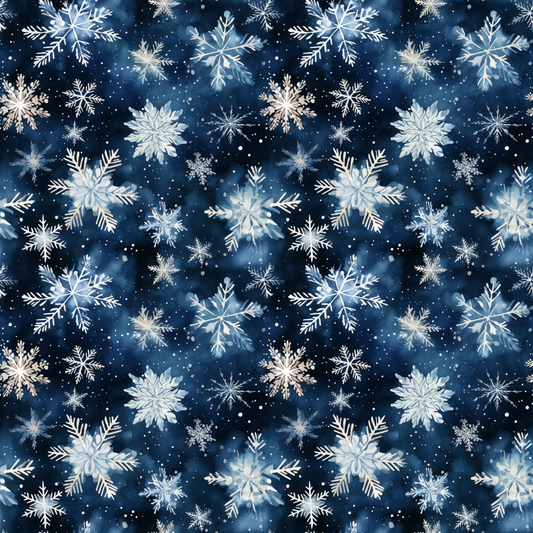 Pattern of white snowflakes on a dark blue background with small stars and speckles.