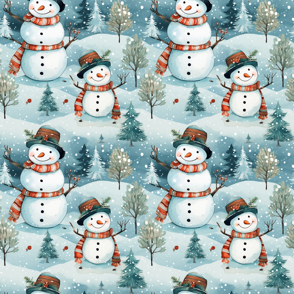 Patterned image of snowmen wearing hats and scarves in a snowy landscape with trees and falling snowflakes.