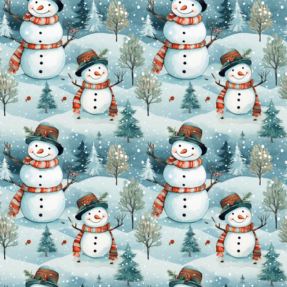 Patterned image of snowmen wearing hats and scarves in a snowy landscape with trees and falling snowflakes.