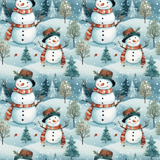 Patterned image of snowmen wearing hats and scarves in a snowy landscape with trees and falling snowflakes.