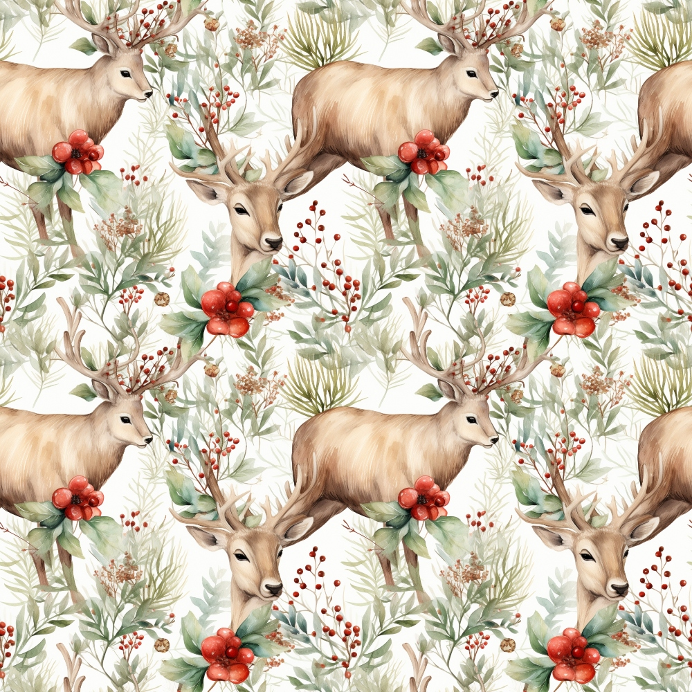 Seamless pattern of deer with antlers surrounded by red berries, green foliage, and small flowers on a white background.