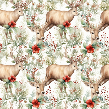 Seamless pattern of deer with antlers surrounded by red berries, green foliage, and small flowers on a white background.