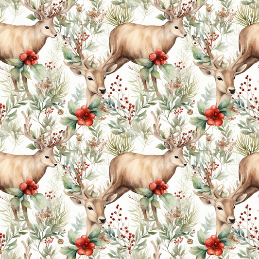 Seamless pattern of deer with antlers surrounded by red berries, green foliage, and small flowers on a white background.