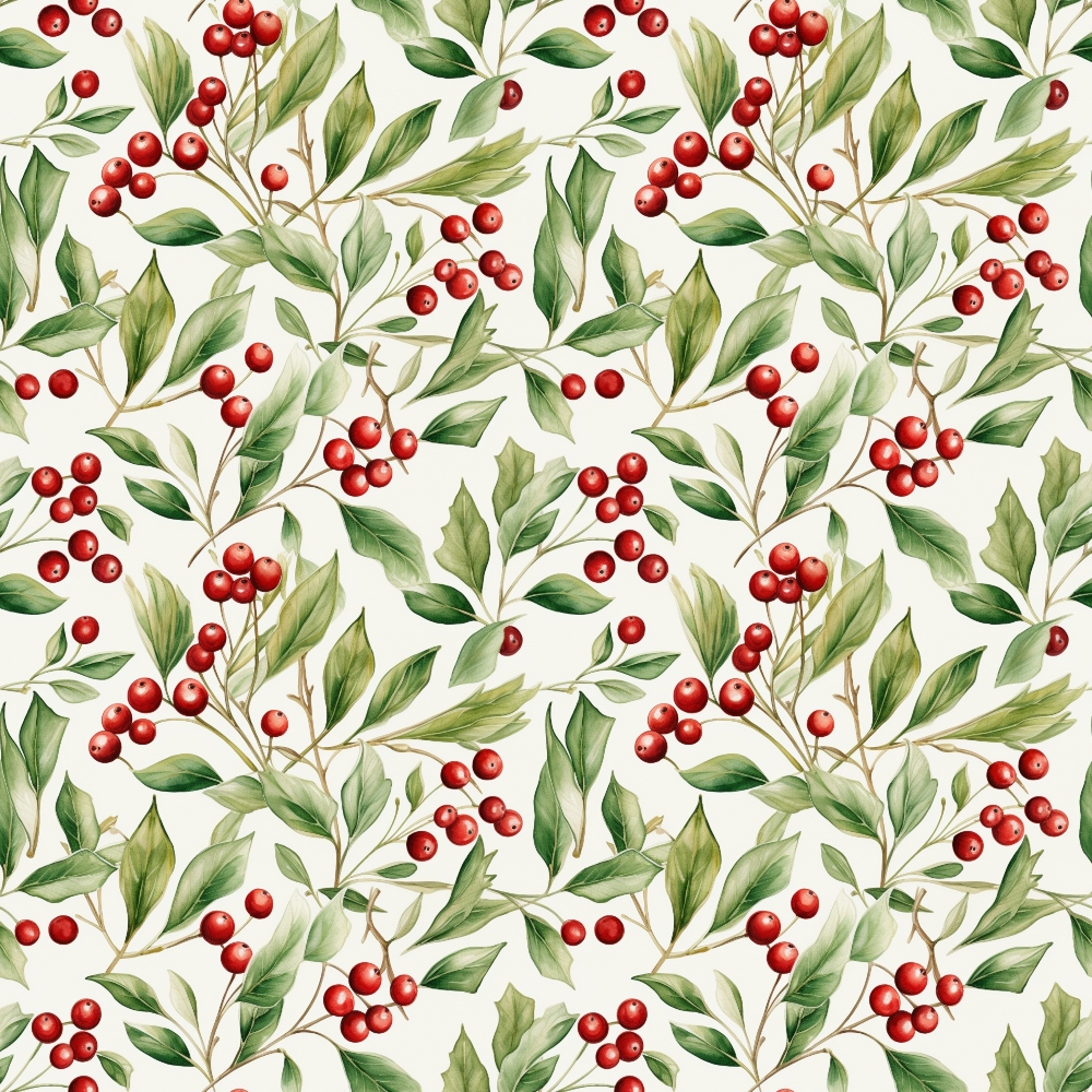 Seamless pattern of branches with green leaves and red berries against a light background.