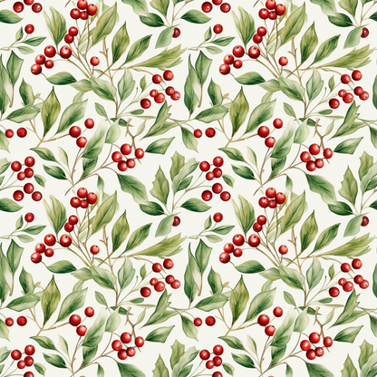 Seamless pattern of branches with green leaves and red berries against a light background.