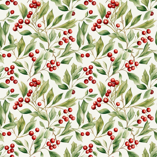 Seamless pattern of branches with green leaves and red berries against a light background.