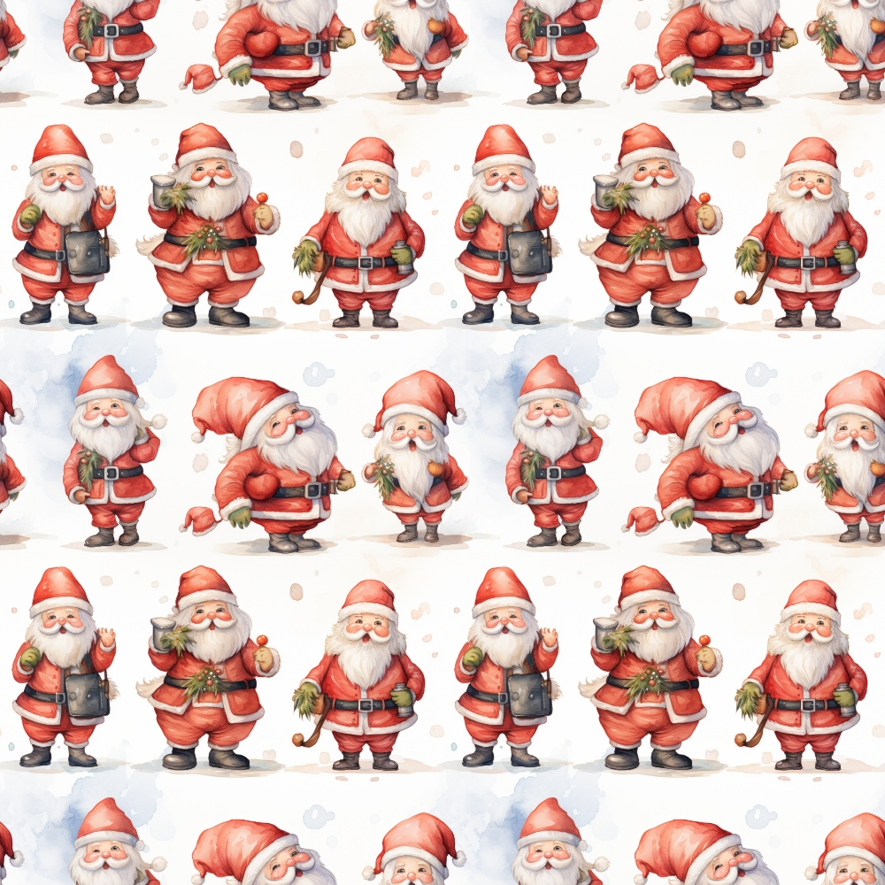 Pattern of cartoon Santas in various poses on a white background.