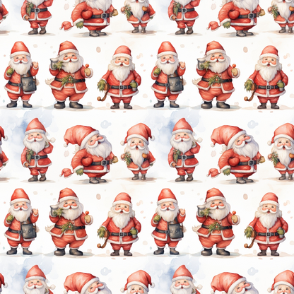 Pattern of cartoon Santas in various poses on a white background.